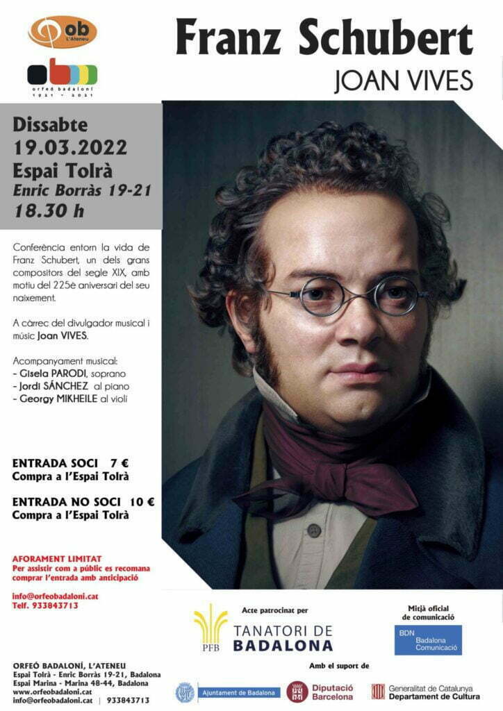 El Tanatori de Badalona patrocina l’acte de l’Orfeó Badaloní dedicat al compositor Franz Schubert